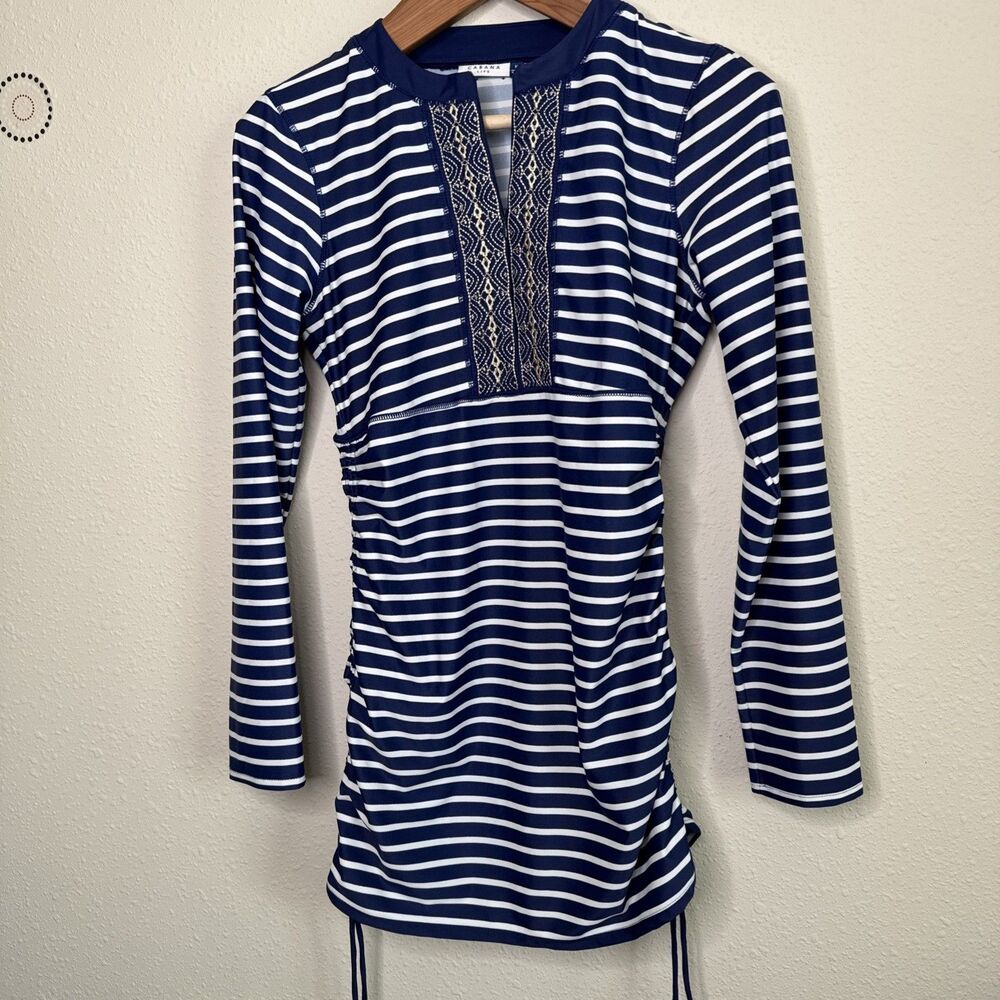 Cabana Life Embroidered Rash Guard in Paradise Cove Ruched Blue & White M